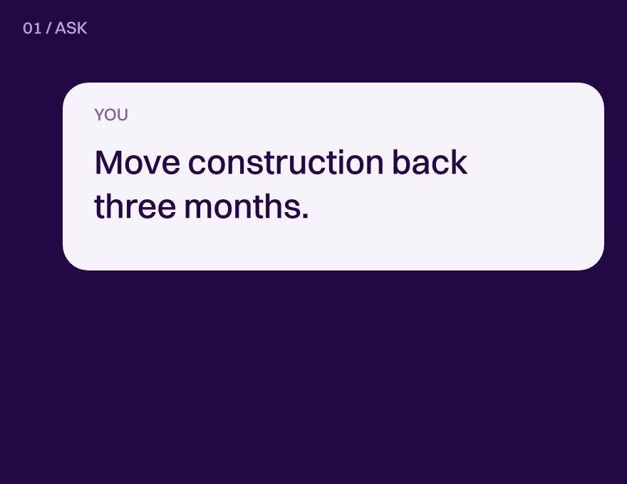 An illustrative Analyst conversation: request a three-month construction delay, review the proposal, then approve the model change.