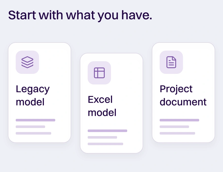 An illustrative import: review a supported legacy model, bring in Excel assumptions, and connect a project document to the Analyst in one Feasly workspace.