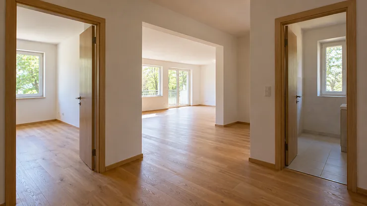 An unfurnished interior with connected rooms, doorways, timber floors and natural daylight.