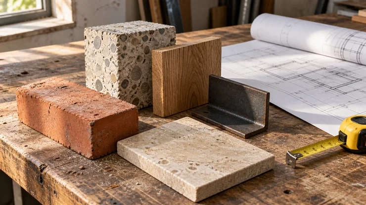 Brick, timber and aggregate samples with a drawing and measuring tape on a workbench.