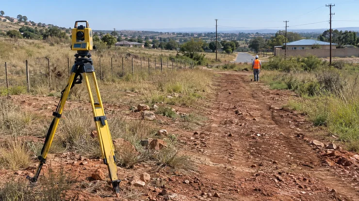 Survey equipment on an open site beside an access route and surrounding development.