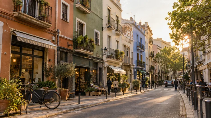 An active mixed-use street with homes above small shops in warm evening light.