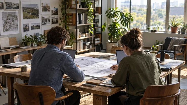 Colleagues reviewing plans and laptops together in a naturally lit project workspace.